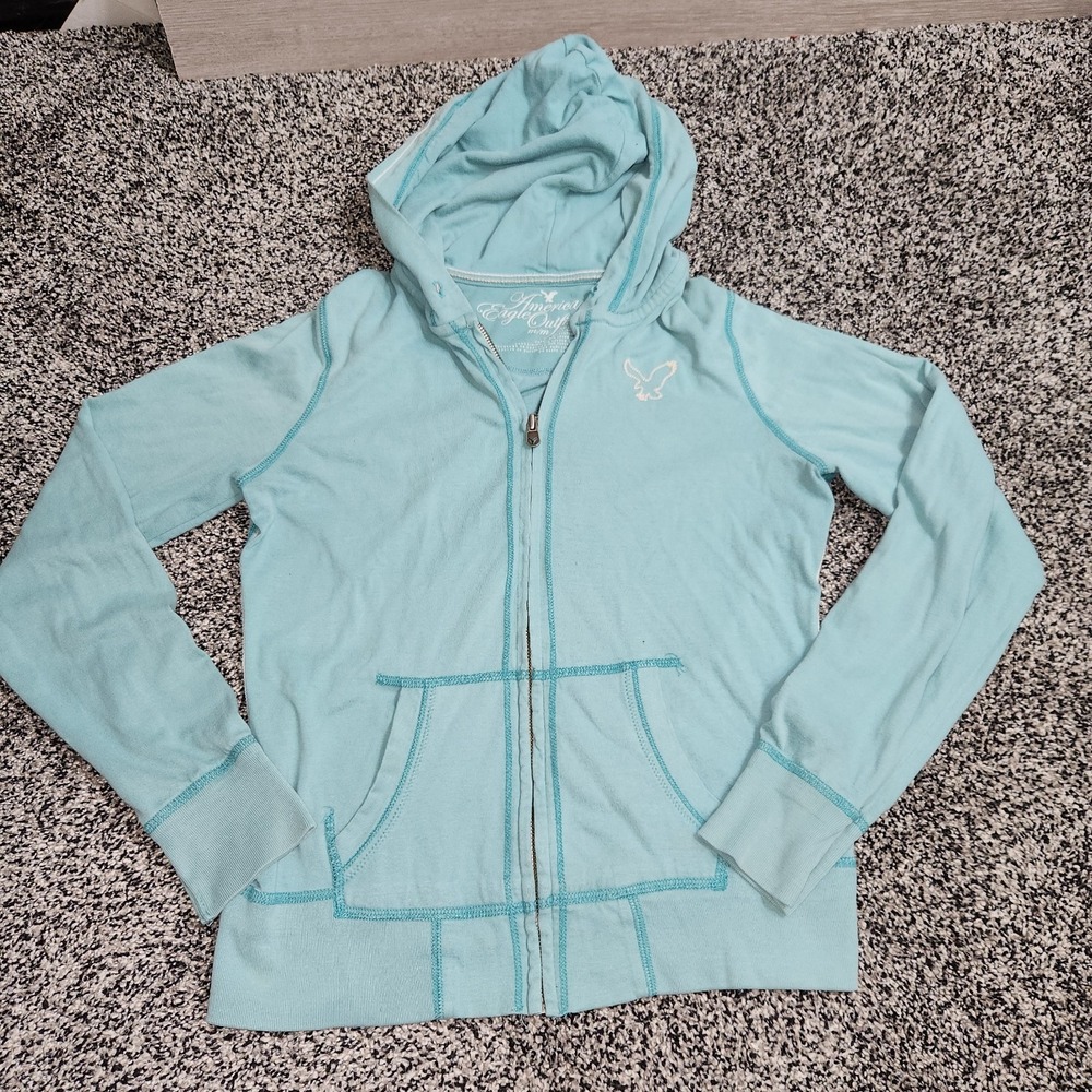 Y2k Vtg American Eagle Lightweight Hoodie Full Zip Pockets Women Sz Med Blue 90s